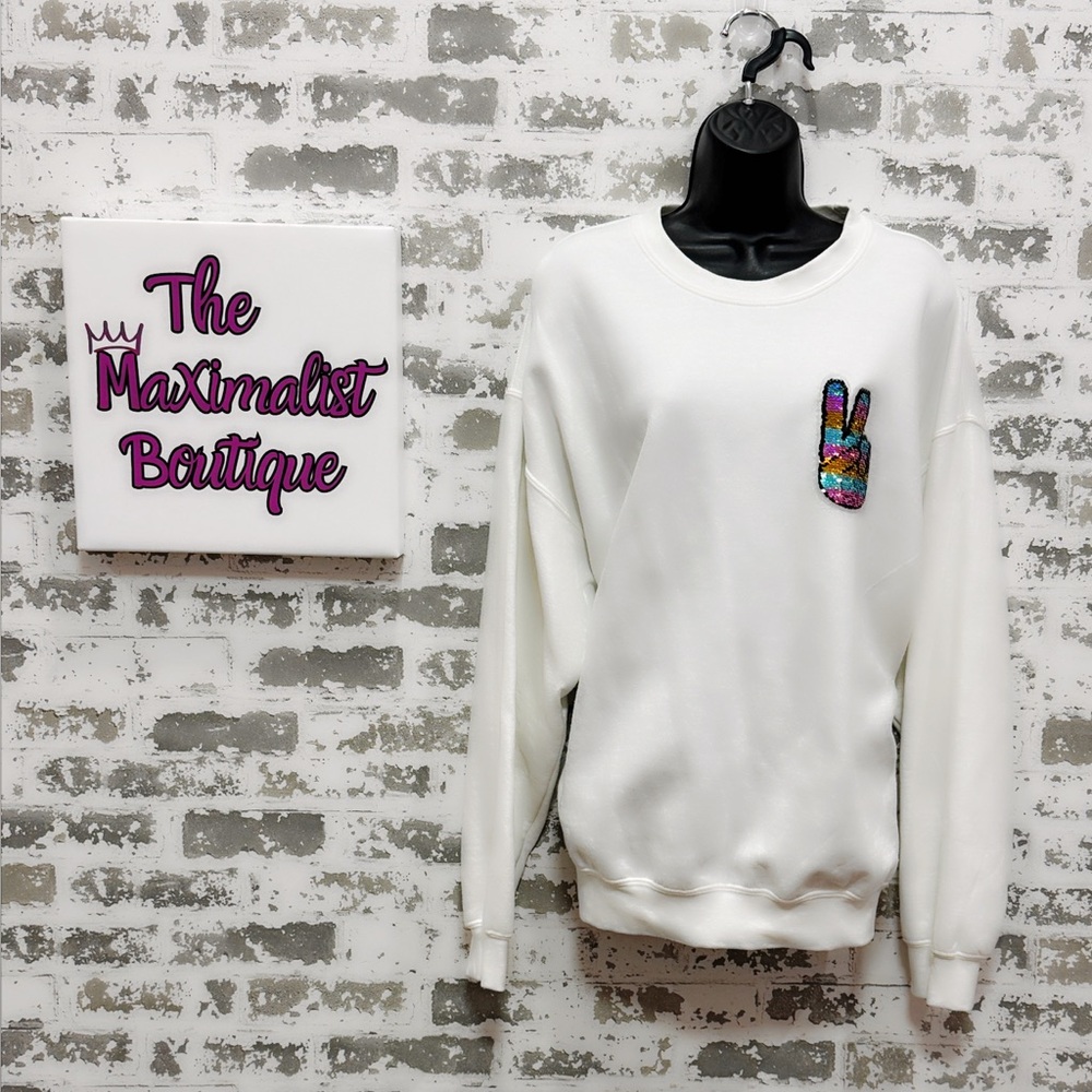 Sequin Peace Sweatshirt – White Sweatshirt with Sparkle Peace Sign